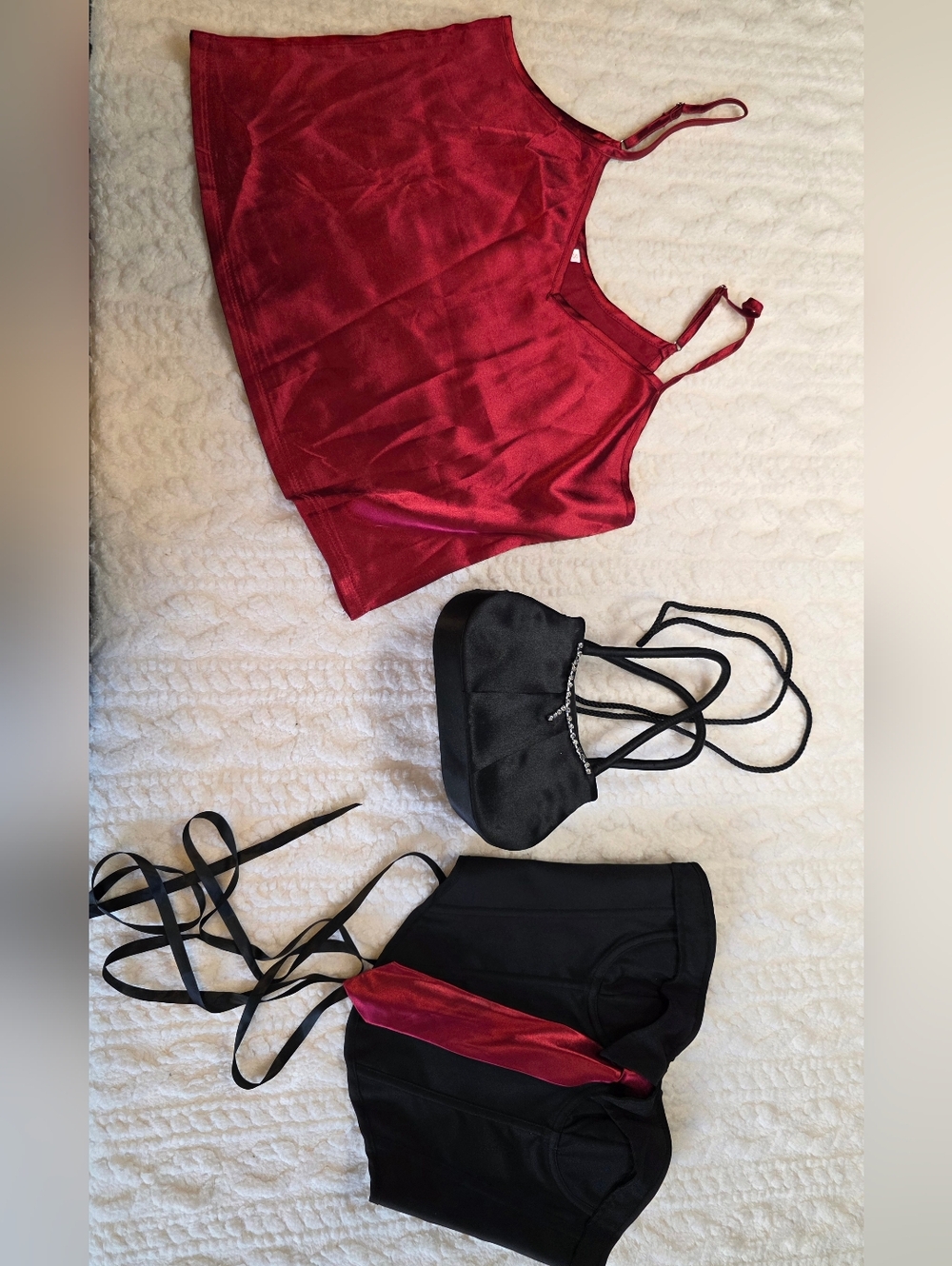Curated Going Out Bundle Red Satin Cami Corset Top Black Rhinestone Bag